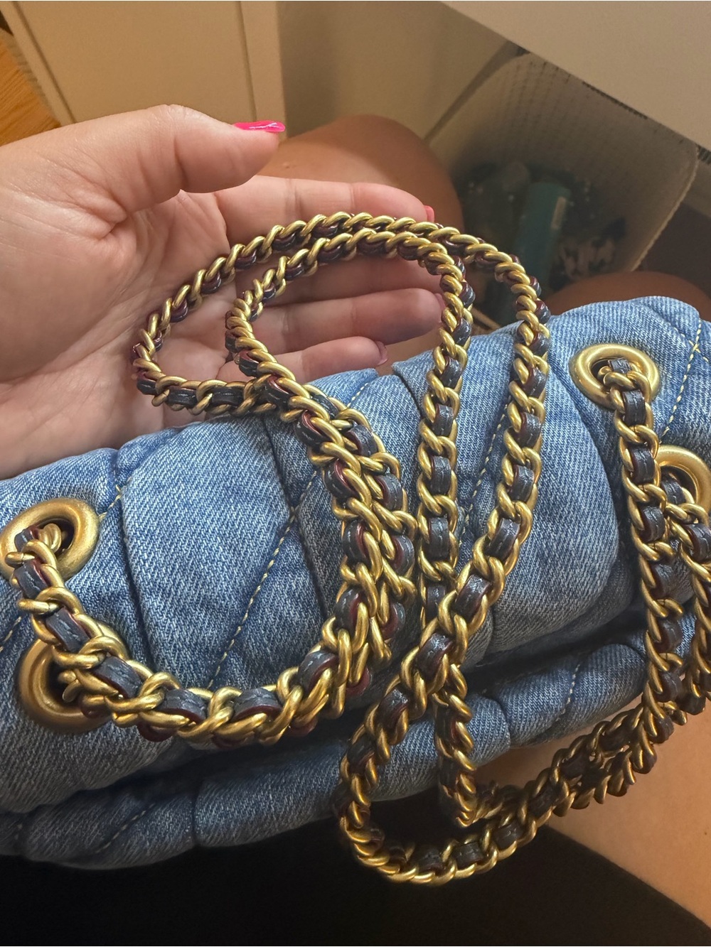 Coach 20 Tabby Quilted Denim Shoulder Bag with blue and gold Hardware - Picture 5 of 14